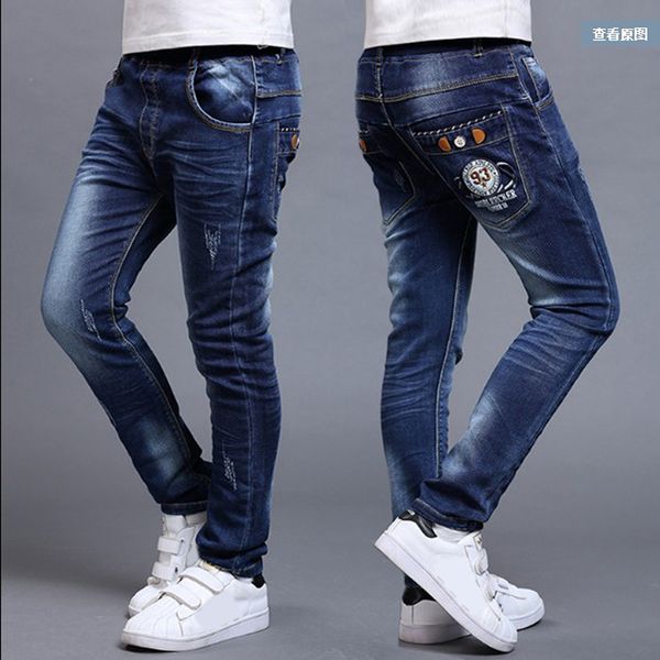 fashion jeans trousers boys denim long pants kids slim jeans young children straight cowboy pants 5-13y spring autumn, Blue